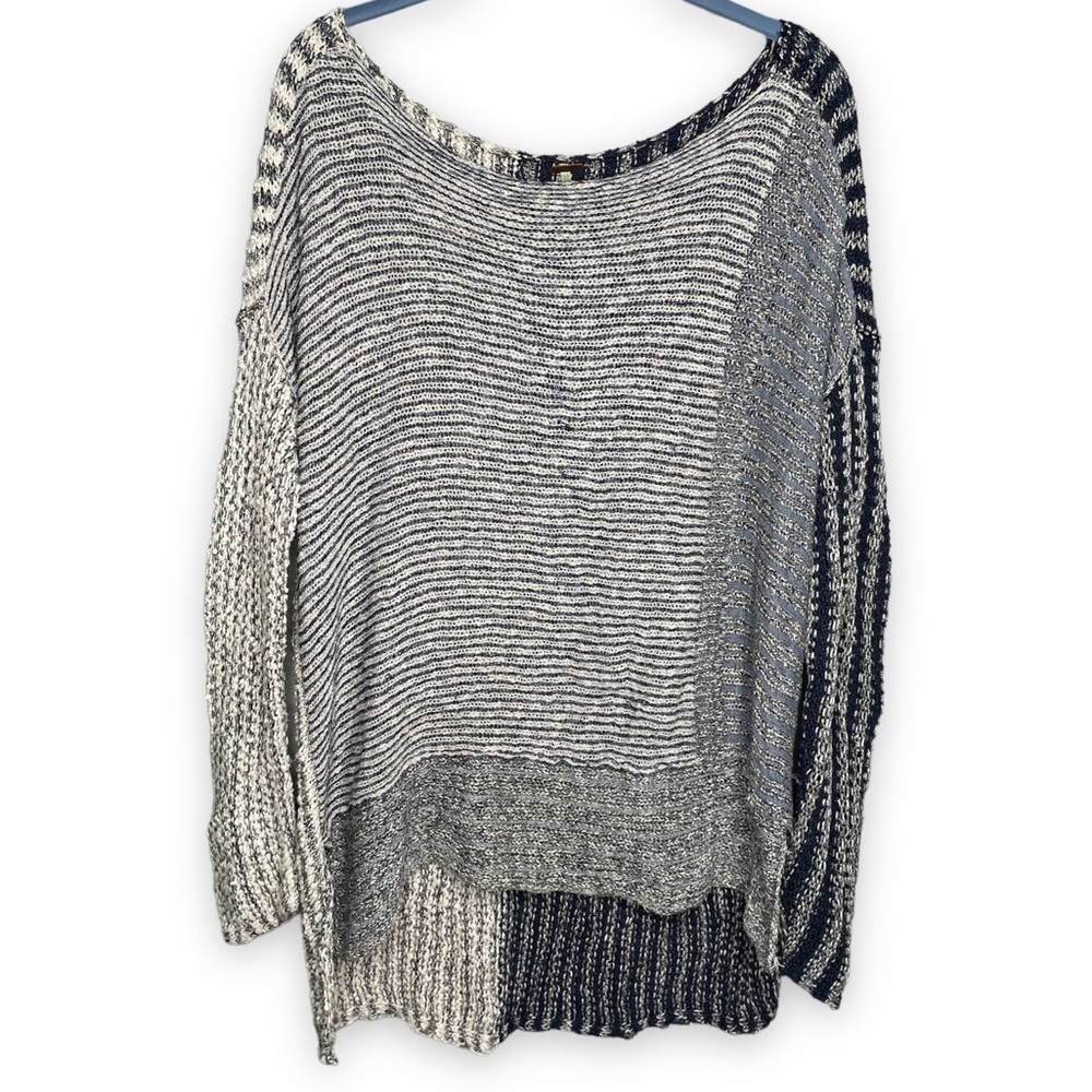 Free People patchwork knit sweater two tone navy stripe slouchy oversized tunic